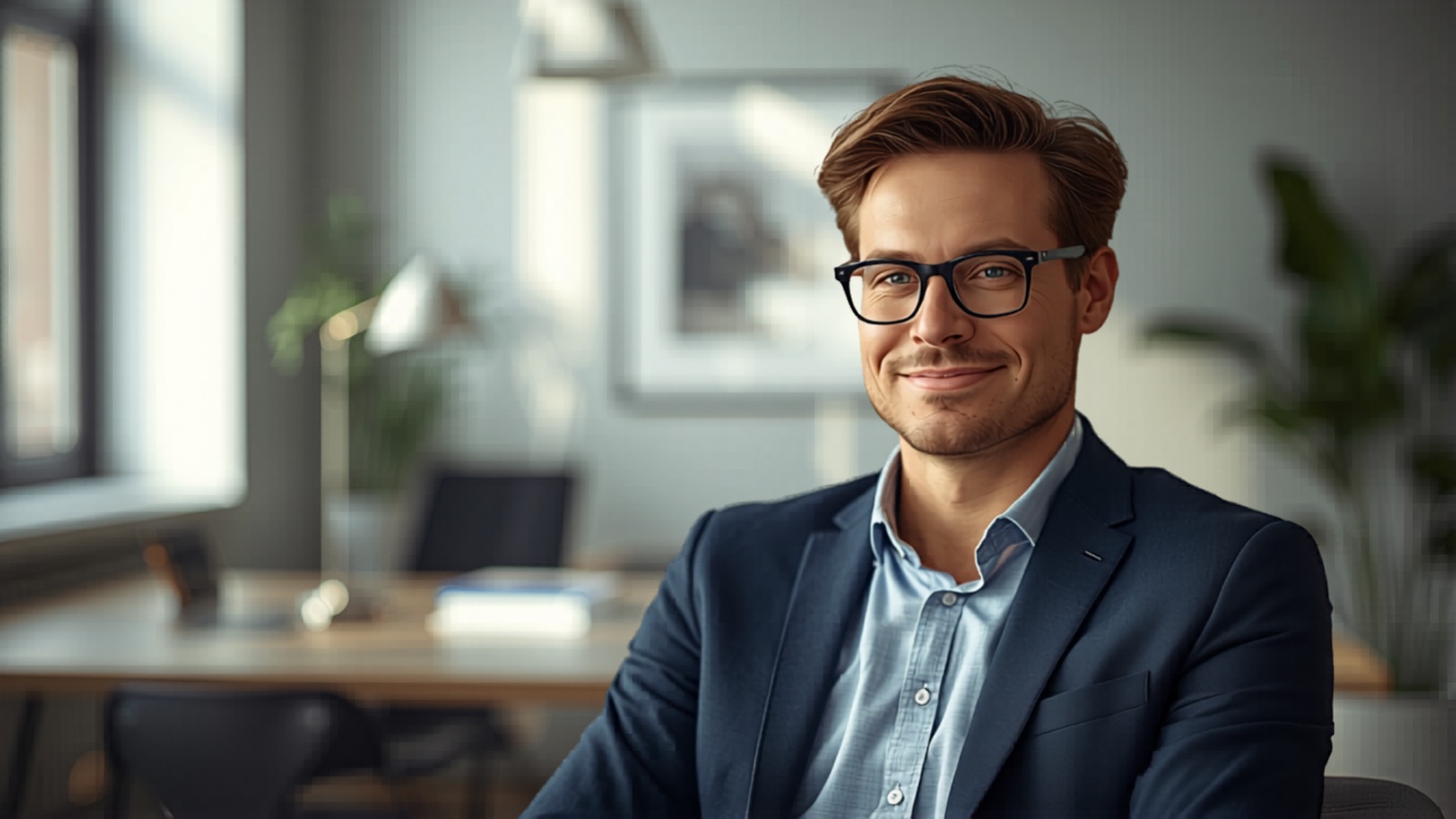 Freundlicher Reto-Berater blickt einladend in einem hellen, modernen Büro in die Kamera